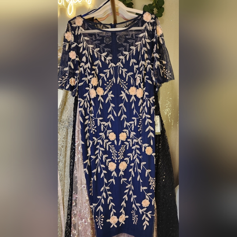 Adrianna Papell Navy & Blush Floral Sequin Embroidery Dress NWT - Picture 7 of 12